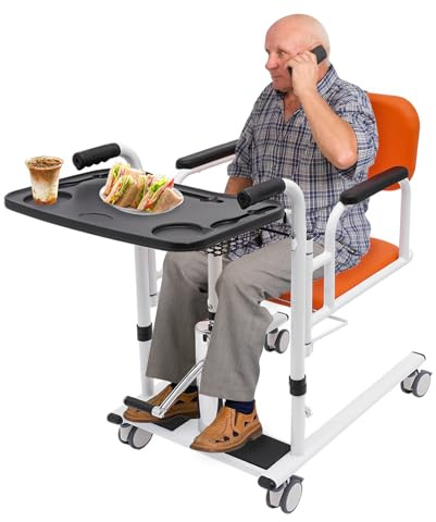 Hydraulic Patient Lift Chair 330.7lbs Patient Transfer Lift Chair with 180° Split Seat and Potty, Transfer Lift Aid, Portable Transport Wheelchair for Elderly and Disabled, Height Adjustable (Orange)