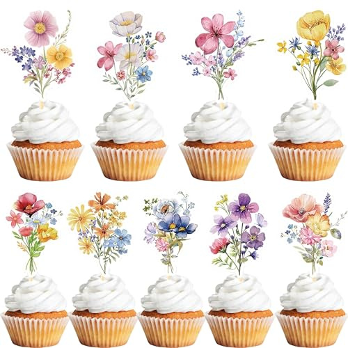 36 Pcs Flower Cupcake Toppers, Assorted Flower Cupcake Decorations DIY Dessert Cupcake Decoration Suitable for Flower Themed Birthday Party Cake Decorations - Style 1