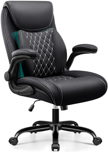BESTFAIR Office Chair, Ergonomic Computer Desk Chairs with Lumbar Support for Lower Back Pain Relief, Executive Leather Home Chair Comfy with Padded Flip-up Armrests, Black