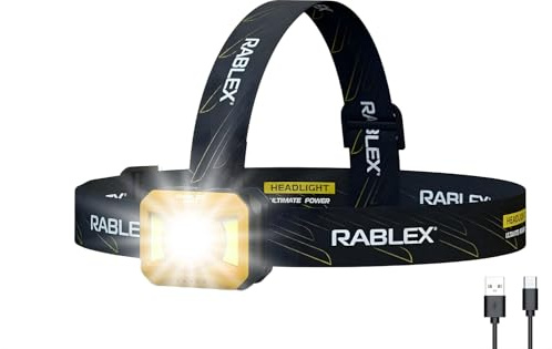 Rablex RB661 LED-Stirnlampe, 300 Lumen Wiederaufladbare LED Kopflampe mit 7 Lichtmodi, Rotlicht & Sensor USB-Aufladung, IPX4 Wasserdicht Leicht & Kompakt, Ideal für Camping, Wandern [Energieklasse A+]