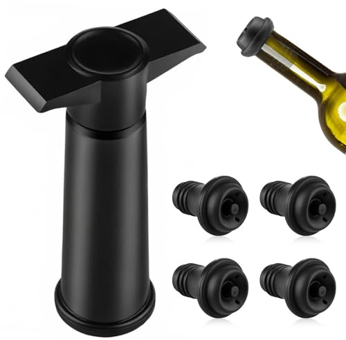 kclkda Wine Vacuum Pump and 4 Stoppers, Reusable Wine Bottle Stoppers, Airtight Sealer Leak Proof Keeps Fresh Wine Stopper Vacuum for Bottles Beer, Champagne, Ideal Accessories Gift (Flat Handle)