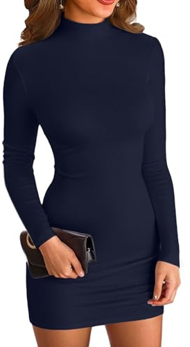 VICHYIE Abito sexy elegante da donna con collo mock, bodycon, mini abito a maniche lunghe, corto, aderente e figurbetont, Blu scuro, S