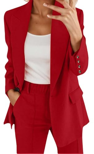 Generisch 2025 - Traje de dos piezas para mujer con solapa, traje de negocios, manga larga, tapeta con botones, chaqueta formal, traje de pantalón, chaqueta pantalón delgada y suelta, vestido, rojo, L