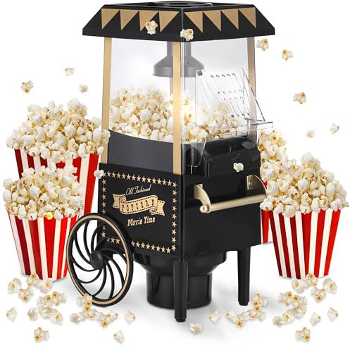 NK Palomitero Retro, Máquina de Palomitas de Maíz Eléctrica 1200W, Botón fácil de utilizar, Preparación listas en 2 minutos, Aire Caliente, Tamaño 0,3L, Portable, Ideal para Casa (Negro)