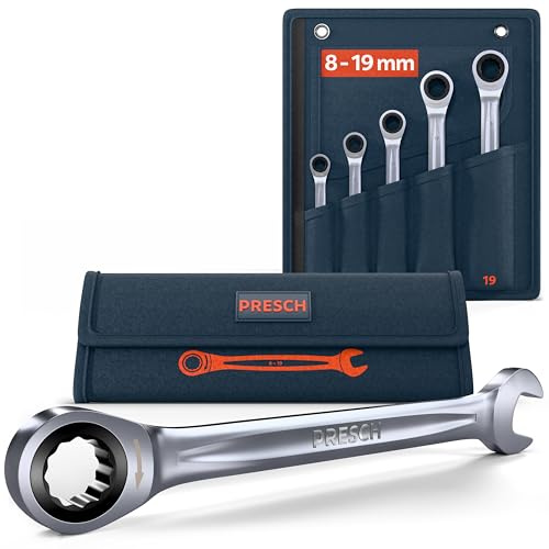 PRESCH Ratchet Spanner Set 5 pcs. (8, 10, 13, 17, 19mm) incl. Bag – Minimal Return Angle (4°, 90 Teeth) – Precision-machined, Durable Ring spanners - Robust Metric Wrench