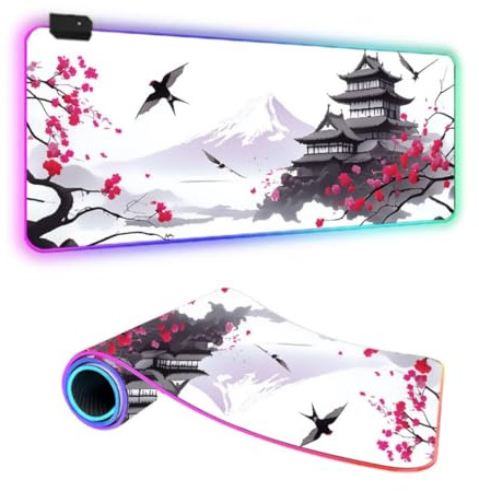 FANSU Style Japonais XXL RGB Tapis de Souris Gaming, LED 14 Effets Éclairage Antidérapante Grand sous Main Bureau pour Clavier et Souris, USB- Mouse Pad pour PC Gamer (Hirondelles,800x300x4mm)