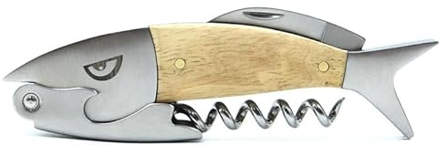 Fish-Shaped Wine Bottle Opener, Stainless Steel with Wood Handle, Multi-Function Corkscrew and Bottle Opener