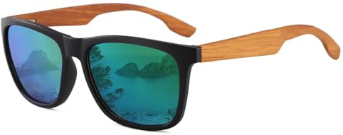 Long Keeper Lunettes de Soleil Bois Homme Femmes Lunettes de Soleil Classique Monture en Bois Lunette à Carré Verre Miroir Protection UV400 pour Conduite Pesca