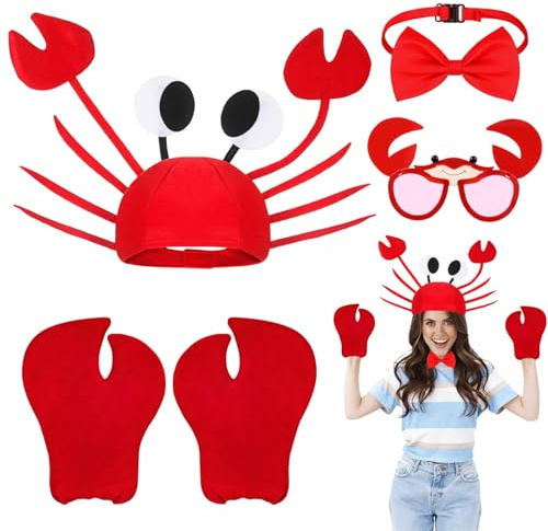 RenSton 4 PCS Crab Costume, Lobster Costume with Adjustable Crab Funny Hat Claws Gloves, Funny Sunglasses, Red Bow Tie for Halloween Party, Cosplay, Seafood Festival Party for Kids Adults