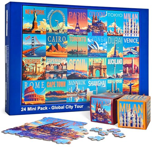 rokt&razo, Global City Tour, 24 Mini Pack Jigsaw Puzzles, 1000 Pieces Daily Challenge Pack with Reference Poster, Advent Calendar, Family Game Nights, Finish Size 27.5 * 19.7 in (Index on the Back)