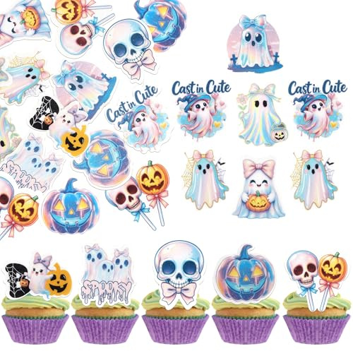 60 Pack Edible Halloween Spooky Cupcake Toppers Wafer Paper Skull Spider Web Pumpkin Cupcake Picks Edible Ghost Boo Cake Decorations for Baby Shower Birthday Halloween Party Food Decorations Supplies
