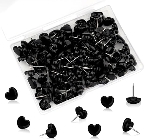 100pcs Push Pins Decorative Black Drawing Pin, Heart Shaped Cute Thumb Push Pins for Bulletin Board, Decorative Cork Board Pin for Home School Office Poster Map Memo (Black)