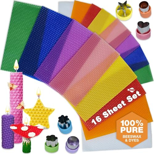 Beeswax Candle Making Kit for Kids - 100% Pure Bees Wax (16 Multicolor Sheets) DIY Candle Rolling Supplies for DIY Art Craft and STEM Projects for Boys and Girls – Includes 6 Safe Wax Cutter Tools