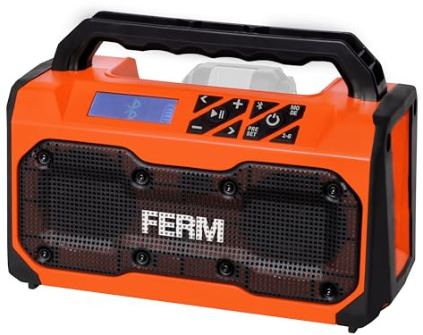 FERM Radio de Chantier Bluetooth 20V – Haut-parleurs Stéréo 2x15W – FM/USB – Compatible Batteries AX/FX-Power – Portable avec Poignée Softgrip