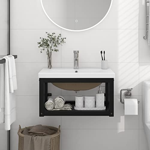 QJBSAVVA Mensola per lavabo da parete con lavello da incasso, colore nero, 59 x 38 x 31 cm, in ferro verniciato a polvere, in ceramica bianca, design moderno salvaspazio, per piccoli bagni, WC per