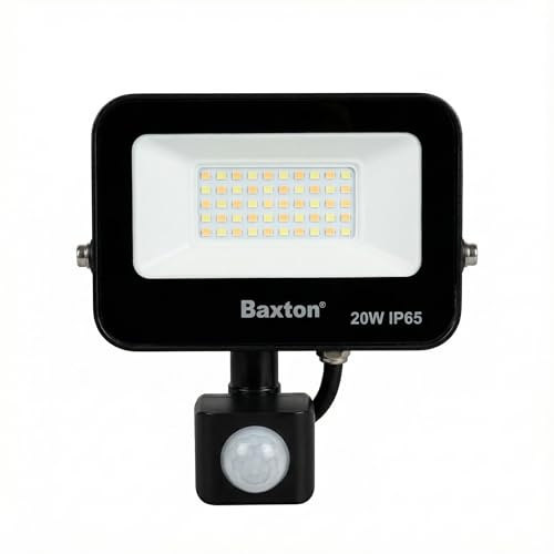 Baxton 20W LED PIR Security Floodlight, Outdoor Motion Sensor Security Light, 3CCT Selectable (3000K/4000K/6500K), IP65 Waterproof, Mains Powered for Garden, Garage & Driveway