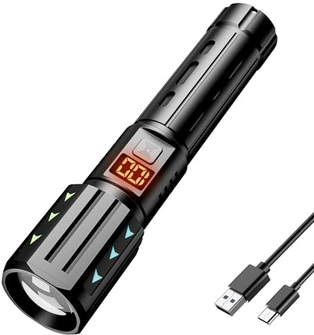 LeKaufen Taschenlampe 10000LM USB-C zoombar LCD 4 Modi 15h IPX5 | 10000LM Led Taschenlampe zoombar, 4 Modi , 15h Akku, LCD-Akkuanzeige, USB-C, IPX5 Wasserdichte, Für Camping, Wandern, Gassi