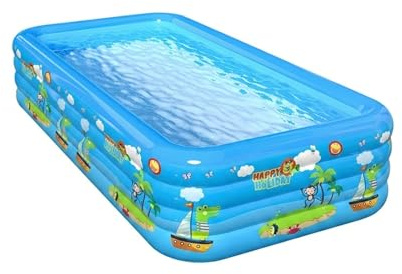 Paddling Pool - 205×125×50cm Cartoon Print 3-Ring Inflatable Pool, Large Rectangular Family Water Fun Centre, Garden Paddling Pool For Kids