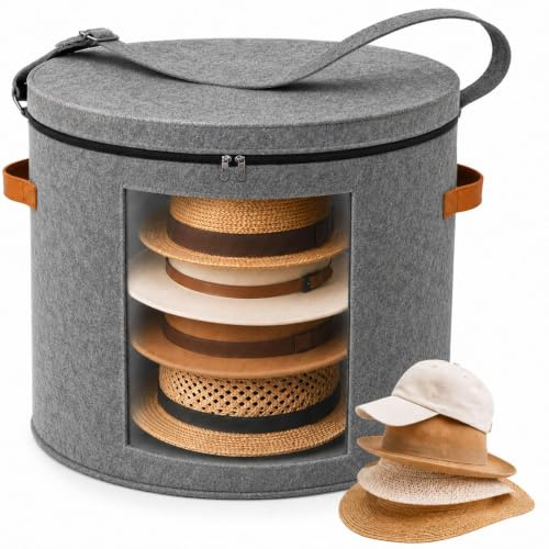 Rund Hutschachtel mit Deckel, 48 × 42 cm Extra Große Hutbox aus Filz, Grau