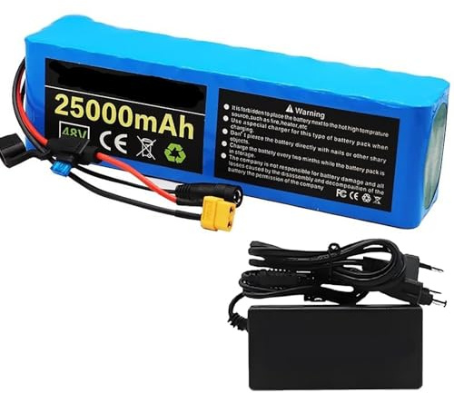 Batería de litio para bicicleta eléctrica, 48 V, 25 Ah, impermeable, con cargador de batería de 54,6 V y 2 A, para eBike, moto, kart y scooter de 0 a 500 W, 48 V, 25 Ah, XT60+T