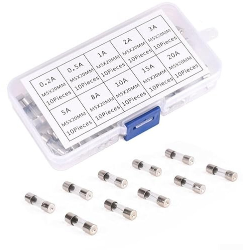 Schnell wirkende 5 x 20 mm Glassicherungen, 100 Stück, Set enthält 0,2 A, 0,5 A, 1 A, 2 A, 3 A, 5 A, 8 A, 10 A, 15 A, 20 A, kompatibel mit 12 V, 24 V, 36 V, 48 V und 250 V Systemen