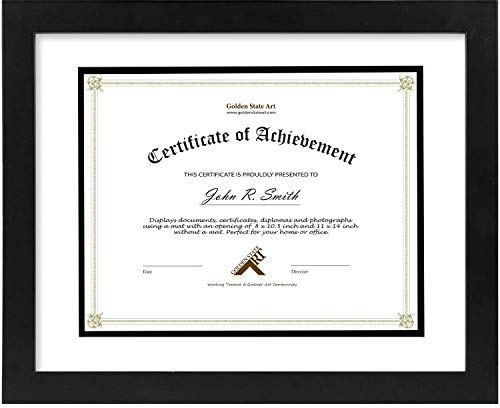 Golden State Art, 11x14 Diploma Frame for 8.5x11 Document & Certificates with Mat, Or 11x14 Without Mat, Real Glass, Double Mat (Black with White/Black, 1 Pack, Solid Wood)