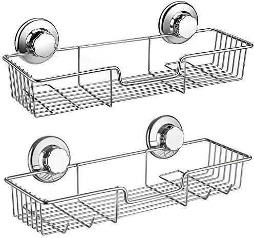 SANNO Suction Shower Caddy, Suction Cup Bathroom Shower Organiser,Bath Shelf Storage Combo Organizer Basket, Kitchen & Bathroom Accessories Shampoo Conditioner - Rustproof Stainless Steel(Set of 2)