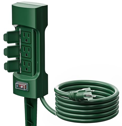 K KASONIC Outdoor Power Stake, Kasonic 6-Outlet 9 ft Extension Cord Power Strip, Double Sided with Weatherproof Safety Flip Covers, ETL Certified Multi-Outlets (Outdoor)