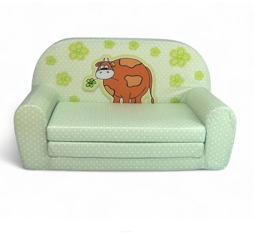 FORTISLINE Kindersofa MINI ausklappbar 78 x 40 x 45 cm - Kindercouch aus Mikrofaser mit Liegefläche 104 cm, abnehmbarem waschbarem Bezug, Oeko-TEX Standard 100, grüne Kuh