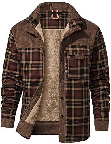 Flygo Men's Sherpa Lined Plaid Flannel Shirt Jacket Snap Button Warm Winter Jacket with Pockets(Coffee-M)