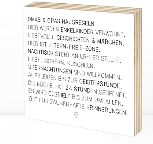 Wunderpixel® Holzbild Oma & Opa - liebe Hausregeln - 15x15x2cm zum Hinstellen/Aufhängen, echter Fotodruck mit Spruch auf Holz - schwarz-weißes Wand-Bild Aufsteller Zuhause Dekoration Geschenk