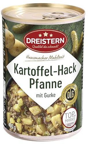 DREISTERN Kartoffelpfanne 400g I Mit Gehacktem & Gurke I Herzhaftes Fertiggericht in recyclebarer Konservendose I Lange Haltbarkeit dank natürlicher Konservierung I Hausmacher Qualität