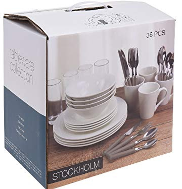 36 teiliges Geschirrset Kombiservice Tafelservice für 4 Personen Teller Besteck Tassen Gläser - modernes Komplettset für Frühstück Mittagessen Abendessen stilvoll praktisch Küche Haushalt