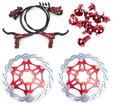 NYK Zoom Hydraulic Disc Brakes Mountain Bike Sets MTB Front & Rear Set with Floating Disc Rotor 160mm & Color Bolts (Red)