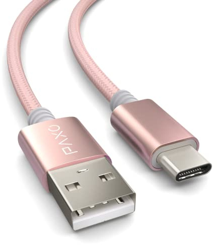PAXO Cable USB C de nylon de 2 m, USB 3.1 (USB 3.0), rosa/champán, cable de carga USB A a tipo C, cable de datos
