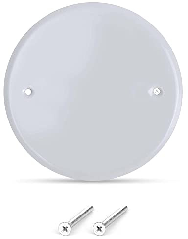 5 Inch White Metal Ceiling Blank-Up Cover, Used to Cover 3-1/2 or 4 Inch Round/Octagon Box Openings In Ceilings or Walls, Mounting Screws Included, Holes Are Spaced 3.5 Inches Apart
