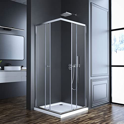 Eckeinstieg Duschkabine 75x80cm Schiebetür Duschabtrennung, Glas 80x75 Schiebetüren Eckeinstieg Duschkabine Dusche aus 6mm Sicherheitsglas, LINKS & RECHTS MONTIERBAR, Duschwand Höhe: 185cm