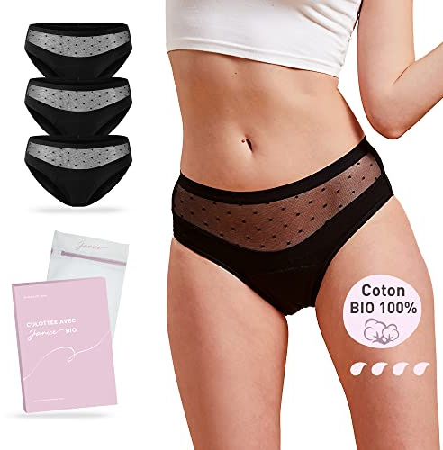 JANICE 3 Culottes Menstruelles Coton Bio = 5 tampons Absorbant Flux Abondant, sous-Vêtement Règles Incontinence Lavable Périodique