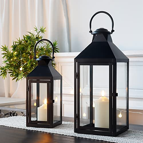 JHY DESIGN Set of 2 Black Decorative Lanterns 44.5 cm & 34 cm Metal Candle Lanterns for Indoor Outdoor Events Paritie and Weddings Vintage Style Hanging Lantern