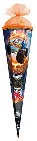ROTH Schultüte groß Monstertruck Fire mit Spezialborte und Folie 85 cm - 6-eckig Rot(h)-Spitze Tüllverschluss - Zuckertüte Schulanfang