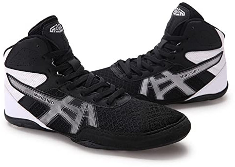 TECDOTO Herren Boxschuhe Sparring Boxer Trainer Schuhe, Kniebeugenschuhe mit Knöchelschutz Ringerschuhe Squat Buffer Schuhe für Das Fitnessstudio,Black-44EU