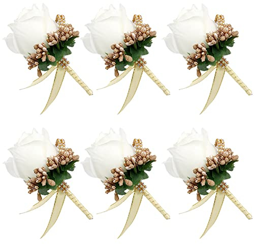 6 Stück Hochzeit Braut Blumen Anstecker,Handgefertigte Rose Bräutigam Boutonniere Hochzeitsbrosche Blumenstrauß Korsage künstliche Blumen für Party Prom Männer Anzug Dekoration,Weiß Gold