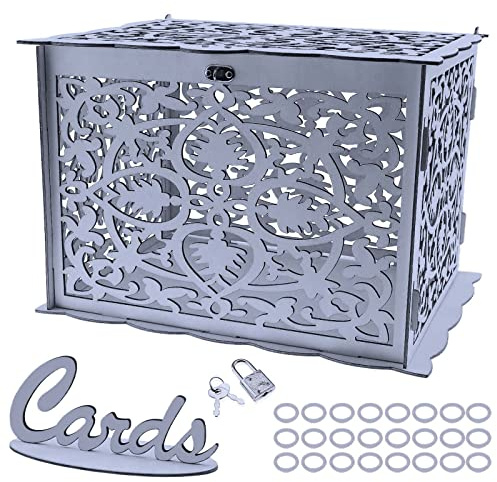 Junge Wolf Hochzeit Karte Holz Hohl Geschenk Box mit Schloss Schlüssel für Baby Duschen Geburtstag Dekoration 32x24x22cm (Silber Farbe)