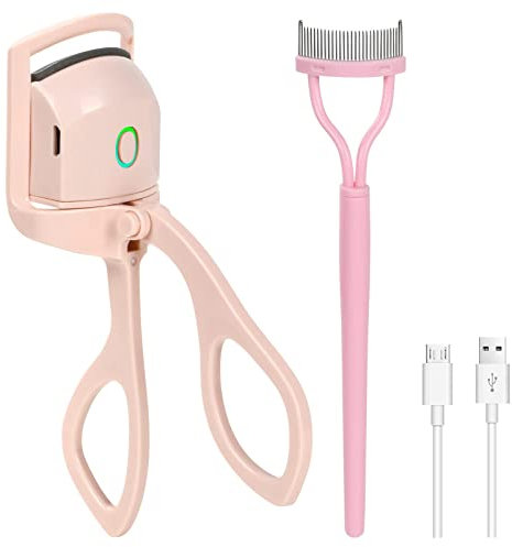 URAQT Beheizbare Wimpernzange Elektrische, Wiederaufladbarer 150mA Heated Eyelash Curler mit Wimpernkamm, Schnelles und Langlebiges Wimpernzange Beheizbar Wimpern-Make-Up-Werkzeug für Frauen(Rosa)