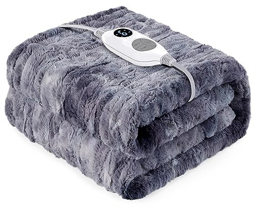 Warmrest Electric Blanket Heated Throw Blanket Soft 𝐅𝐚𝐮𝐱 𝐅𝐮𝐫, 𝟏𝟑𝟎𝐱𝟏𝟔𝟎 𝐜𝐦 - 6 Heat Levels Fast Heating, 1 to 10 Hours Auto-Off Detachable Controller Machine Washable Grey