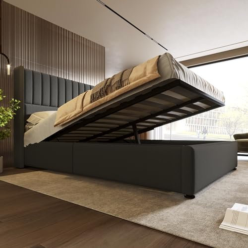 Kayan Stauraumbett Polsterbett Hydraulisch Doppelbett 160x200cm, Lattenrost aus Holz, Bett mit Lattenrost aus Metallrahmen, Leinen (Grau 1, 160x200cm)