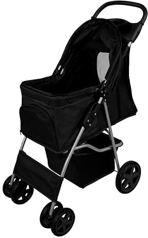 Hundewagen Klappbarer Buggy | bis 15kg | 4 Räder: 2x 360° 2x Bremsen | Für Tiere Hunde Katze | Mit Karabinerhaken Netzfenstern Abnehmbar Kissen Aufbewahrungskorb Getränkehalter & Regenschutz [Schwarz]