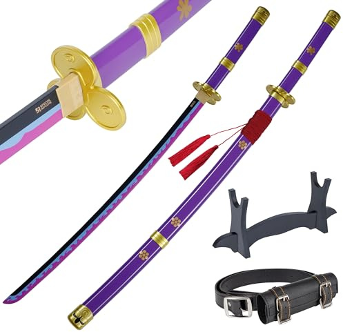57 SPECIAL REPLICAS Katana Zoro en Bois Deco 105 cm | avec Fourreau, Ceinture et Support, pour Déguisement de Carnaval, Cosplay Anime, Collection