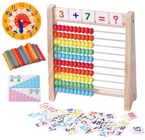 Holzabakus für Kinder, Mathematik, Manipulationen, Lernuhr für 5, 6, 7, 8 Jahre, Jungen, Mädchen, 1. 2. Klasse, Mathematikzähler, 100 Zählstäbchen, Montessori, Vorschule, pädagogisches