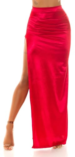 Highwaist Cocktail Rock Bodenlang Satin Look Maxirock mit Falten-Effekt und Beinschlitz